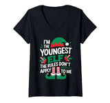 Womens I'm Youngest Elf The Rules Dont Apply To Me Family Christmas V-Neck T-Shirt