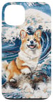 Coque pour iPhone 13 Sabtle White Corgi Chien Maman Papa Kanagawa Art Beach