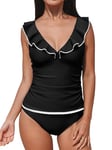 CUPSHE Ensemble tankini deux pièces pour femme avec col en V et bretelles réglables froncés (taille XS à 4XL), Noir , S