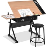 Goplus - Table a Dessin Inclinable avec Tabouret, Station de Dessin Hauteur Reglable 65-90,5 cm, Plateau Coulissant, 2 Grands Tiroirs et Porte-Stylo,