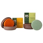 R5 - Kit 1 shampooing hydratant solide + 1 gel douche solide + 2 porte-douches solides en plastique 100% recyclé - Deux solides de 70g chacun (l'équivalent de 4 bouteilles de 250ml).