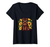 Womens Sunflowers York Chocolate Cat V-Neck T-Shirt