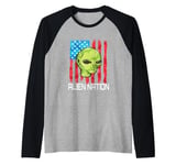 Funny Alien UFO USA Flag and Green Alien Head Raglan Baseball Tee