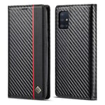 ZTOFERA Flip Wallet Case for Samsung Galaxy A51 4G (Not for 5G), Premium PU Leather Carbon Fiber Folio Case with Card Holder Magnetic Closure Folio Protective Phone Cover, Vertical Red Line