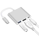 3 en 1 Adaptateur USB 3.1 Type-C vers HDMI, USB 3.0, USB-C Charge Port Adapteur pour PC téléphone avec port HDMI Argent