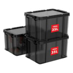 Cetomo 35L*3 Storage Boxes, Stackable Storage Box with Lids, Heavy-Duty Lidded Container with Reinforced Corners, Vertical Sides and Clip Closure, Durable, Plastic, Clear Black, 35L-3Pack