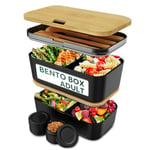 Umami Bento Lunch Box, Couverts & 2 Pots À Sauce Inclus, Boîte Repas Encastrable, Lunchbox Micro-Ondable, Boîte À Lunch Adulte Compartimentée, Bento Box, Bambou Noir Emboîtable, 1500 ml