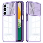 Tawarror Coque Transparente pour Samsung Galaxy A14 4G/5G [Protection Caméra] avec Lentille Coulissante Couverture Etui Antichoc TPU + PC Dur Bumper Robuste Anti-Rayures Anti-Jaune Case, Violet