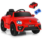 GOPLUS 12V Voiture Electrique Enfants Coccinelle avec Télécommande 2,4G, Véhicule Électrique Enfant 1 Place 3-8 Ans Beatles avec LED/USB, 3-5 KM/H (Rouge)