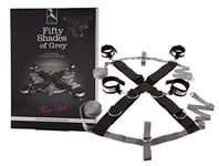 Fifty Shades of Grey Keep Still Restraint Kit - Over The Bed Cross Restraint Set - Faux Fur Lined Detachable Cuffs - Includes Blindfold & Door Hanger - 80 Inch Adjustable Restraint - Black/Grey