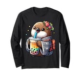 Kiwi Bird Drinking Bubble Tea Japanese Kimono Long Sleeve T-Shirt