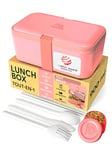 Umami Bento Lunch Box, Couverts & 2 Pots à Sauce Inclus, Boîte Repas Encastrable, Lunchbox Micro-Ondable, Boîte à Lunch Adulte Compartimentée, Bento Box, Rose Corail, 900 ml