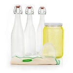 myFERMENTS Kit Préparation Boissons Probiotiques - Set de Fermentation pour Bière, Kefir - Grands Bocaux en Verre de 2L, 3 Bouteille de 750ml avec Joint Hermétique, Entonnoir 10cm, Tissu Mousseline