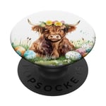 Highland Cow Spring Cute Easter Pattern Eggs Floral Flowers PopSockets Adhesive PopGrip