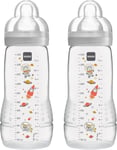 MAM Baby Bottle Twin Pack, Fast Flow Teats Size 3, 330 ml, Grey Feeding Set