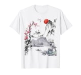 Japanese Art Tree Red Moon With Birds Flying in Background T-Shirt