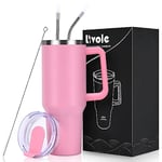 Livole 40oz Tumbler with Handle, 1200ml Leakproof Vacuum Travel Mug for Cold Hot Drink, Insulated Coffee Cup with Straw and Lid, Stainless Steel Water Bottle for Travel, Camping, Sports, Pink