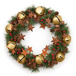 Couronne de Noël de 40 cm avec clochettes dorées, étoiles, Pommes de pin, Baies et Feuilles pour extérieur, Maison, Bureau, cheminée