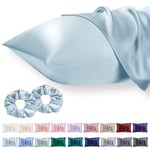 Vielit 2 Pack Satin Pillowcase for Hair and Skin,Soft as Silk Pillowcases for Hair and Skin,Easier Care than Silk Pillow Case Light Blue Pillowcases for 50x75cm Pillow Envelope & 2 Satin Scrunchies