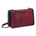 CRAZYCHIC - Sac Bandoulière Chaîne Cuir Serpent Effet Matelassé - Sac à Main Femme Imitation Cuir Rigide PU Porté Epaule - Rabat Python Bordures Chaînes - Besace Mode Chic Tendance - Rouge Bordeaux