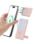 Auskang Magnetic Power Bank 5000mAh, Wireless Fast Charging Portable Charger, Foldable Stand Power bank, Mini Battery Pack Compatible For iPhone 12/13/14 Plus/Mini Series (Pink)