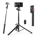 ULANZI MT-78 185 cm Trépied 2 en 1 pour Appareil Photo de Téléphone Portable Extensible, Selfie Stick avec Télécommande Bluetooth, Clip de Téléphone, Tête Sphérique à 360° pour Sony, Canon, iPhone 16