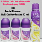 SOFT & GENTLE fresh Blossom Roll On DEODORANT,3X50ml + 1 X Deodorant Spray 150ML