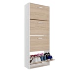 CASABEL Meuble de Rangement à Chaussure 24 Paires - Grande Capacité pour Entrée - L60xP24xH150 cm - Portes Bois Clair Cadre Blanc