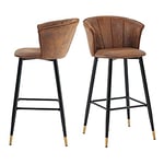 MEUBLE COSY Lot de 2 Tabouret de Bar Rétro Vintage avec Accoudoirs Dossier et Repose-Pieds, Chaises Rembourrés en Suède Marron, Siège de Cuisine de 72 cm Haut, Style Industriel, en métal Noir et Or