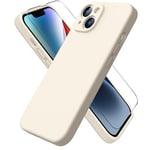 ACRONIX Coque pour iPhone 14,Coque Silicone Liquide pour iPhone 14(6.1"),avec 1 Verres Trempés,Surélevée pour Écran & Caméra,Case Protection Complète 360 Degré,Coque en Silicone-Blanc crème