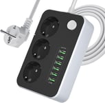 Multiprise Électrique Avec 3 Prises Und 6 Ports Usb, Multiprises Electrique Avec Interrupteur, Multiprise Murale Avec Cable 2M Pour Smartphone, Maison, Bureau-Noir