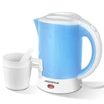 Aigostar Small Travel Kettle Electric, 650W 0.6 Litre Lightweight Kettle, Low Wattage Mini Portable Kettle with 2 Cups and 2 Spoons for Seniors Elderly Camping Bedroom, Fast Boil BPA Free, Blue