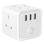 Cube Extension Lead with USB Slots, 3 Way Power Strip Multi Plug Adaptor with 3 USB (5V/3.1A), 6-in-1 Cube Wall Socket with Switch for Home, Office, Hotel, Travel -White