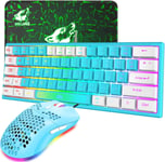 RGB 60% Gaming Keyboard Mouse Set Filaire 62 Touches Mini Clavier 7 RGB LED Rétroéclairé 19 Touches Anti-ghosting + 2400 DPI Ultralight Gaming Mouse Honeycomb Shell + Tapis de Souris - Bleu Mixte