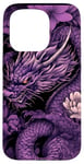 Coque pour iPhone 15 Pro Violet Art Déco Floral Dragon Japonais Samouraï Esthétique