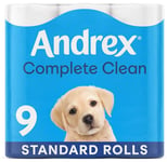 Andrex Complete Clean Toilet Tissue Standard Rolls, Unique 3D Wave Texture for a Proven, Effective Clean, Loo Rolls, 9 Toilet Rolls