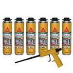 SIKA - Lot de 6 x Mousse polyuréthane Expansive Sika Boom 528, Pistolable & Réutilisable, Rendement 23L, pour jointer, calfeutrer, isoler, 500ml Blanc + Pistolet Foam Gun pour mousse expansive