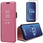 Fodral + 2 härdade glasögon för Samsung Galaxy A25 5G, Flip Cover Clear View Stötsäker med stativfunktion, spegeleffekt, rosa Rosa