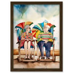 Happy Elderly Couple On Summer Beach Chairs Watercolour Painting Artwork Framed Wall Art Print A4