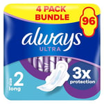 Always Ultra Sanitary Towels/Pads with Wings, Long Size 2, Ultra Thin, 96 Towels (24 x 4 Packs), Super Saving Box, Odour Neutraliser, Super Absorbent Core