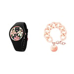 ICE-WATCH -Montre Noire pour Femme avec Bracelet en Silicone - 020510 (Small) + Ice - Jewellery-Nude - Rose-Gold - Bracelet Mailles XL de Couleur Rose Fermé d’Une Médaille Rose-Gold (020925)