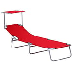 Outsunny Transat Bain de Soleil Pliable Chaise Longue Pliante Grand Confort Dossier Inclinable Multi-Positions et Pare-Soleil réglable Dim. 187L x 58l x 36H cm Rouge