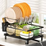 PKBD 2 Tier Dish Drainer Rack,Multifunctional/Detachable Dish Rack with Swivel Drainage Spout,Utensil Holder,Cup Holder,Rust-proof Carbon Steel/Space-Saving Dish Drying Rack for Kitchen Counter,Black