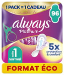 Always Platinum Serviettes Hygiéniques, Taille 1, Normal, 96 Serviettes Avec Ailettes, Flux Légers Jour, Format Eco, Douces et Flexibles, Super Absorbantes et Ultra Fines