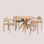 Set de table ronde (Ø100 cm) et 4 chaises de salle à manger avec accoudoirs en bois Naele Sklum Brun Blé