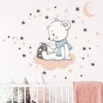 Stickers muraux enfants - Decoration chambre bébé - Stickers muraux enfant - Sticker mural Ourson sur Nuage + 110 étoiles - Autocollant mural garçon - H40x L30 cm