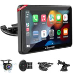 Carpuride w701 Pro Portable Car BT Stereo, Wireless Carplay & Android Auto with Backup Cam & SWC, Dual Bluetooth, Mirror Link/GPS/Siri/FM, Support Trucks Dashboard Mounted