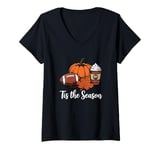 Womens Tis the Season Fall Leaf Football Autumn Pumpkin Spice Latte V-Neck T-Shirt