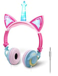 ONTA Unicorn Kids Headphones,Cat Ear LED Light Up Foldable Earphone Wired Over On Ear for Girls Boys,Kids Headband Toddler Tablet for School Supply/Travel/Holiday/Birthday/Cosplay Gifts (Pink Blue)