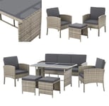 Juskys Salon de Jardin 6 pièces Turin en polyrotin - 7 Personnes - Mobilier d'extérieur avec fauteuils, tabourets, Table & Coussins - Meubles de Jardin pour Coin Lounge - Gris